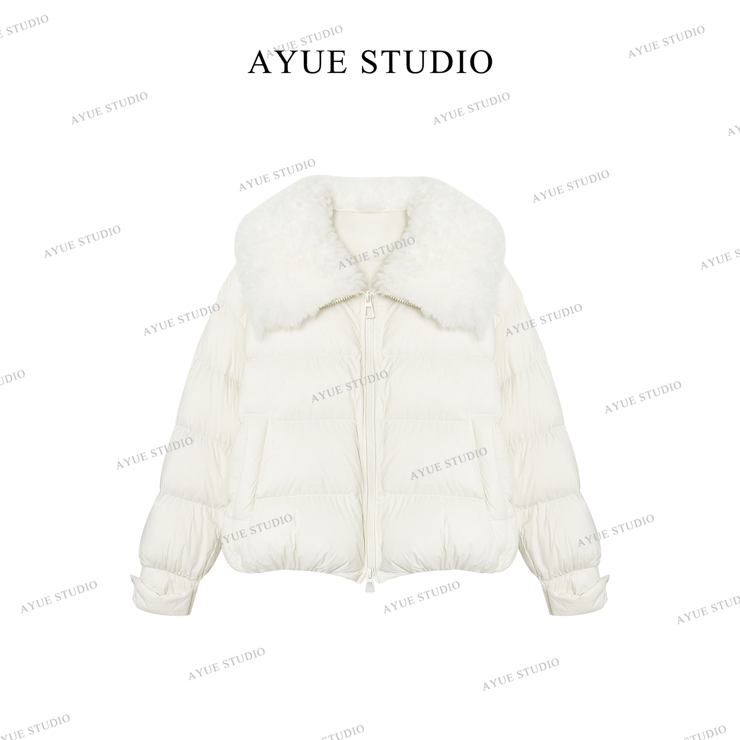 AYUE「雪迹」毛领：100%山羊绒90白鹅绒羽绒服2203