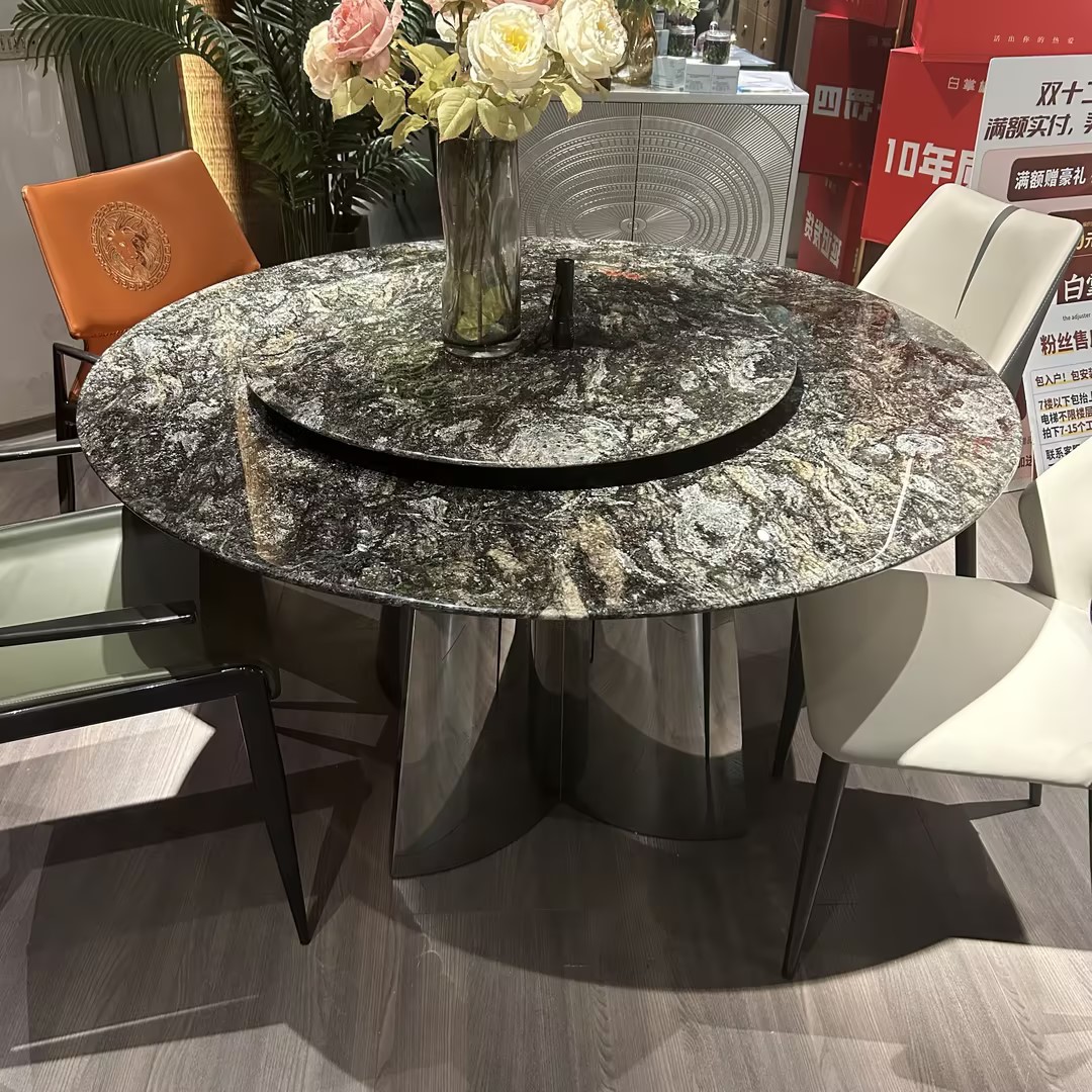 白灵【四叶草奢石圆餐桌】简约转盘奢石餐台餐桌椅圆形别墅意式设计