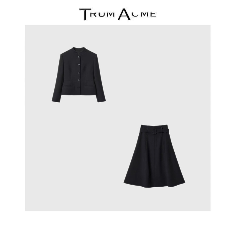 TrunAcme~老钱风黑色时尚套装收腰显瘦开衫式上衣+长裙