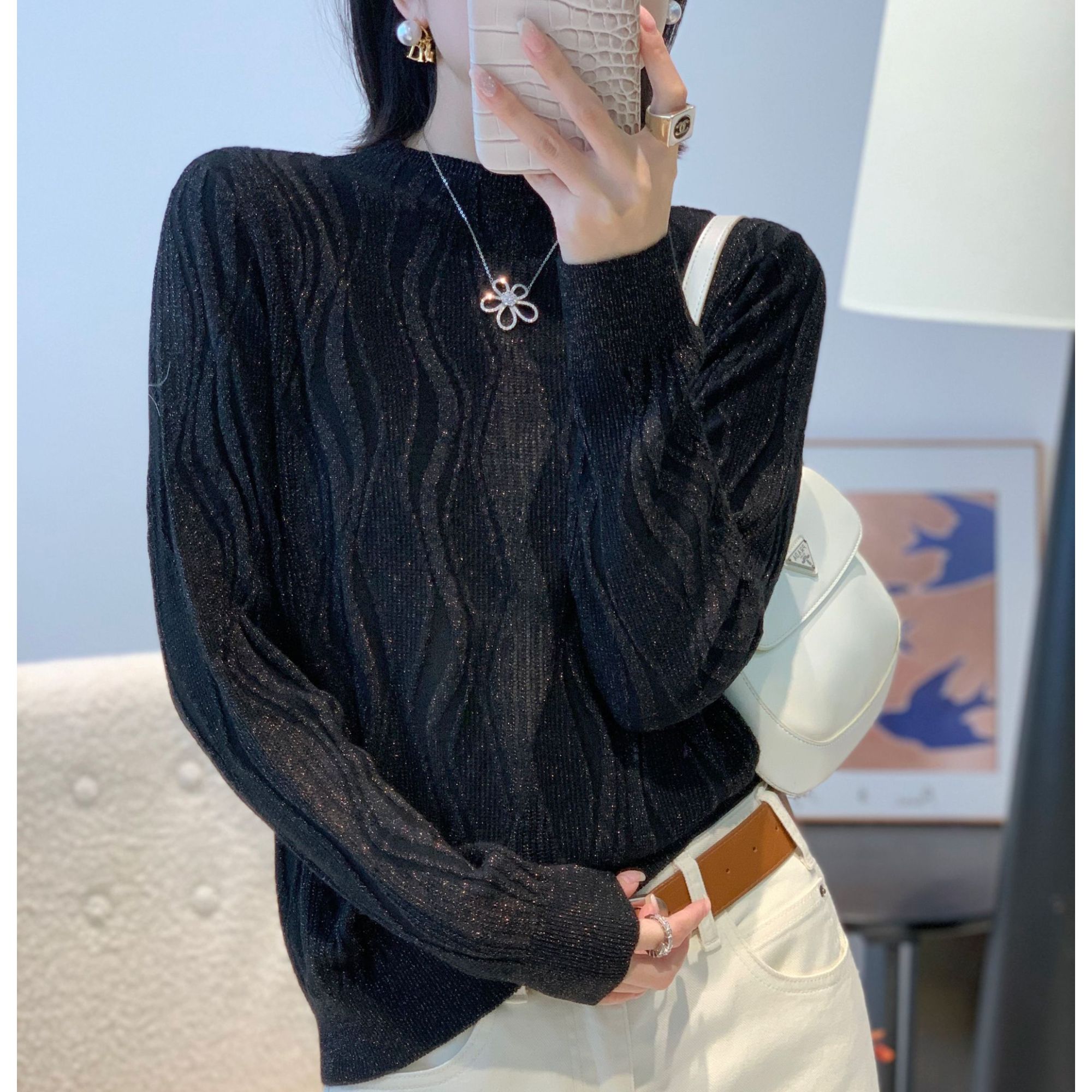 冬季新品时尚气质竖条波浪百搭休闲打底针织衫B066#