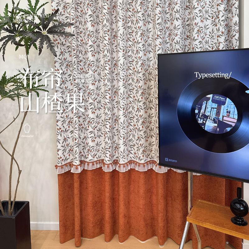 山楂布 2025新款棉麻提花山楂图案美式田园复古风窗帘定制