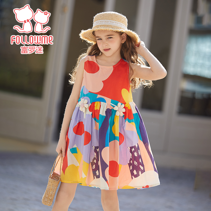 富罗迷【纯棉】油画风彩绘无袖连衣裙夏季女童公主裙背心裙F4B9724L