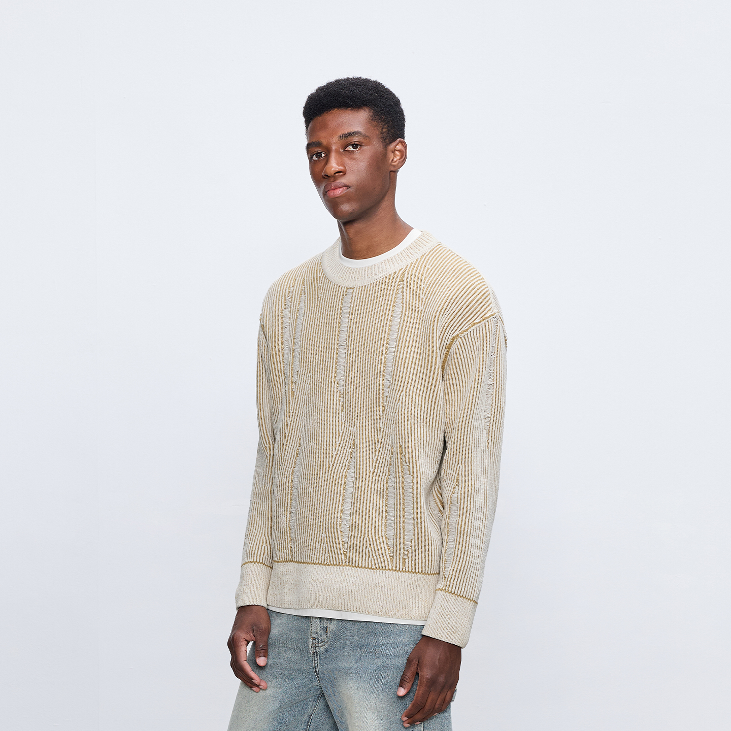 CHINISM赤尘 撞色粗条纹理落肩圆领毛衣男秋季磨破复古套头上衣