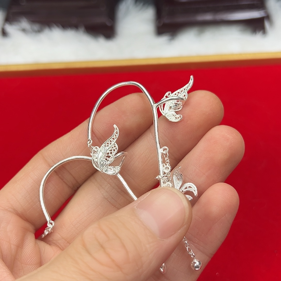 足银足银花丝手工耳骨夹一对