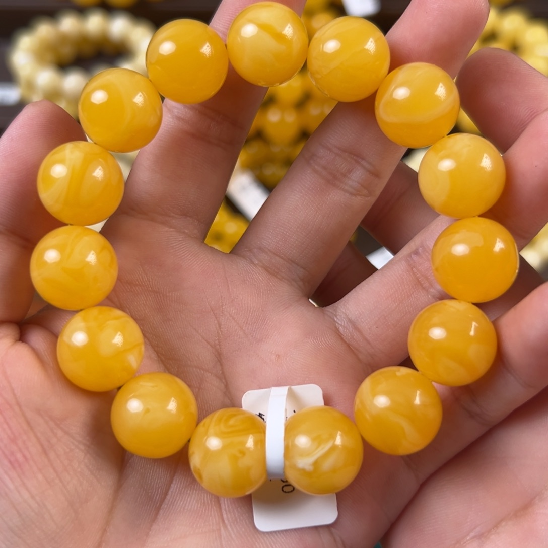 琥珀未镶嵌手链29.07g焦皮同料圆珠15mm tt