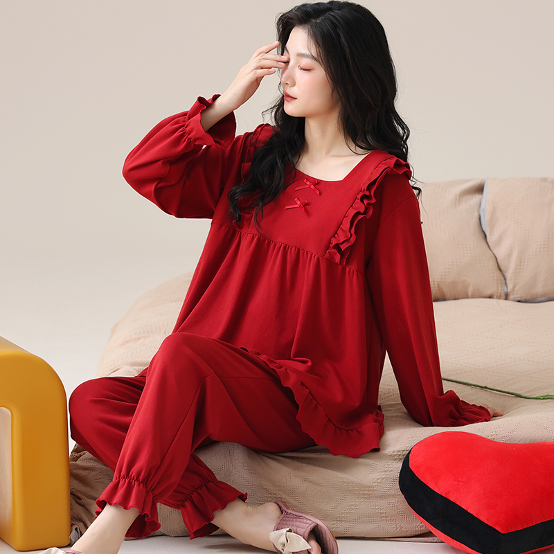 红色女睡衣春秋纯棉2025蛇年新款大码胖mm秋冬款本命年家居服套装