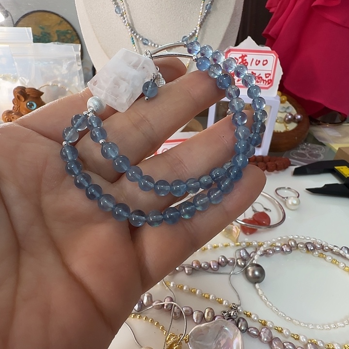 雨***涵银S925镶嵌海蓝宝石手链海蓝宝设计款双圈有结构