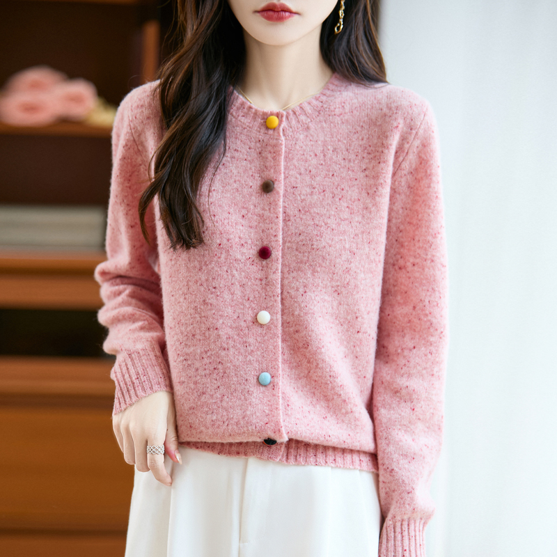 2025秋冬女100％羊毛加厚彩扣彩点纱圆领衫羊毛针织衫长袖百搭显瘦