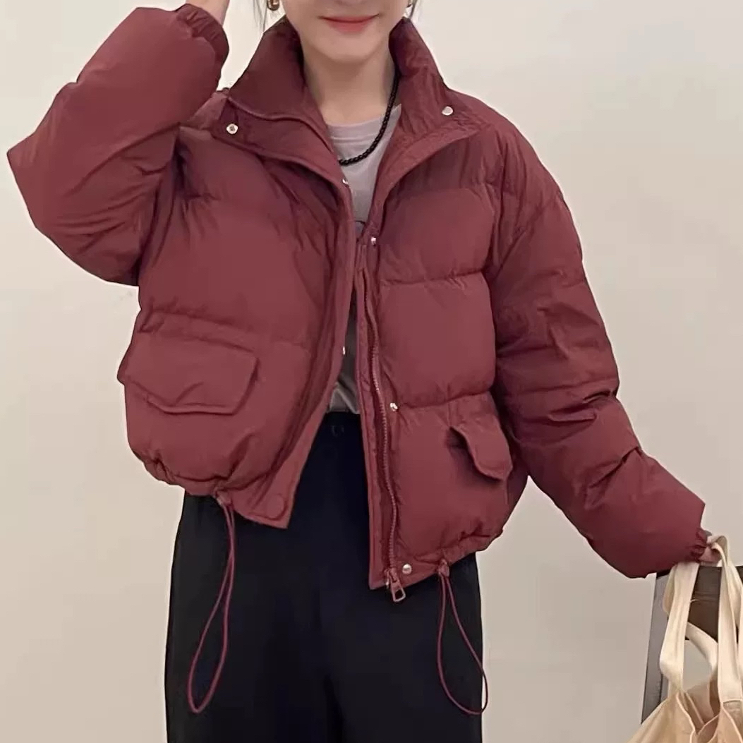 YT02100冬款宽松休闲保暖百搭立领下摆抽绳短款鸭绒羽绒服面包服