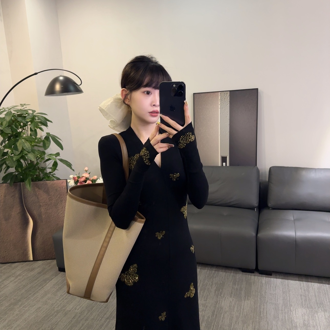 【OS&oneshow】秋长袖V领气质长裙X型收腰显瘦亮钻感连衣裙中长款