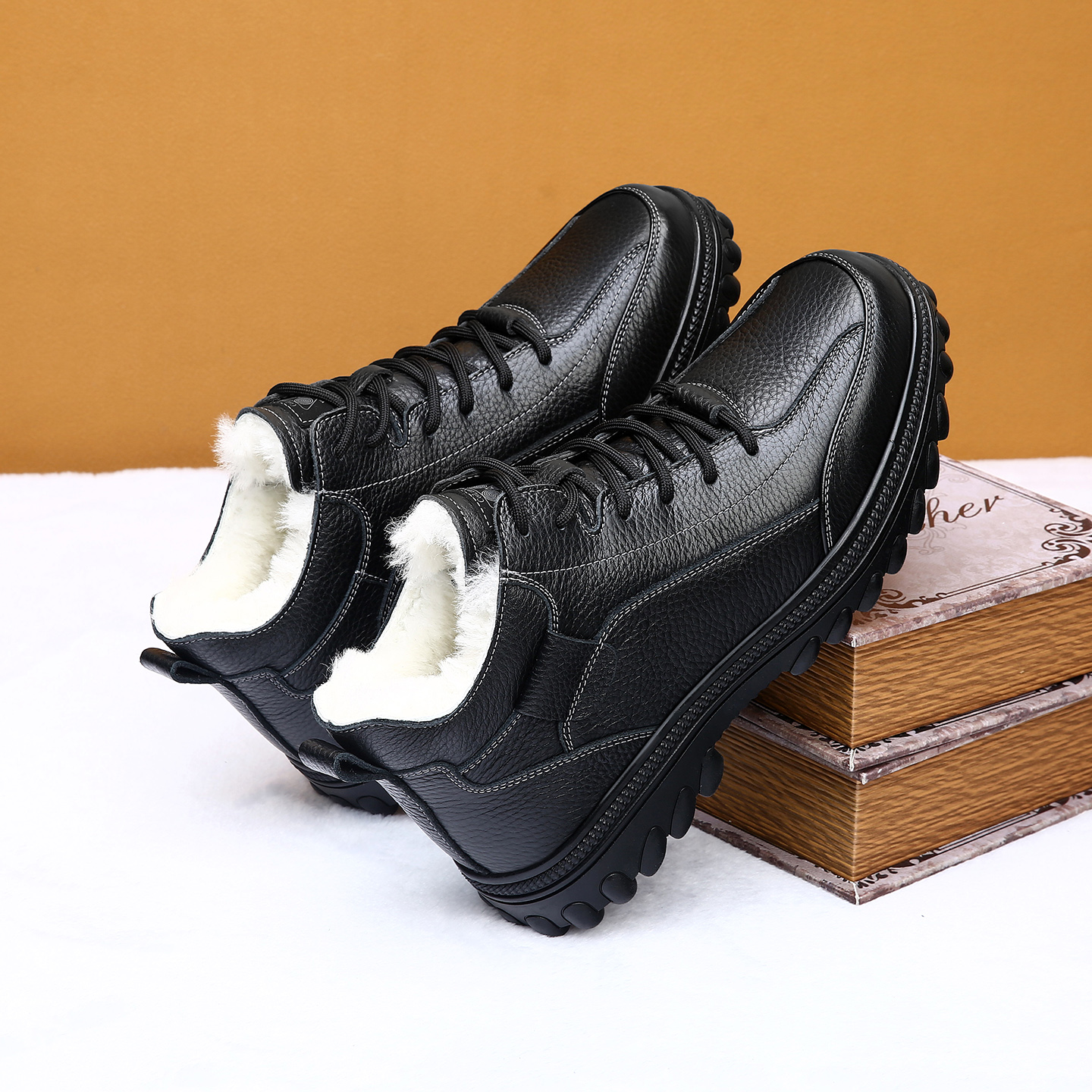 2025冬季男士头层牛皮真皮男鞋羊皮毛一体棉鞋抗寒防滑保暖鞋