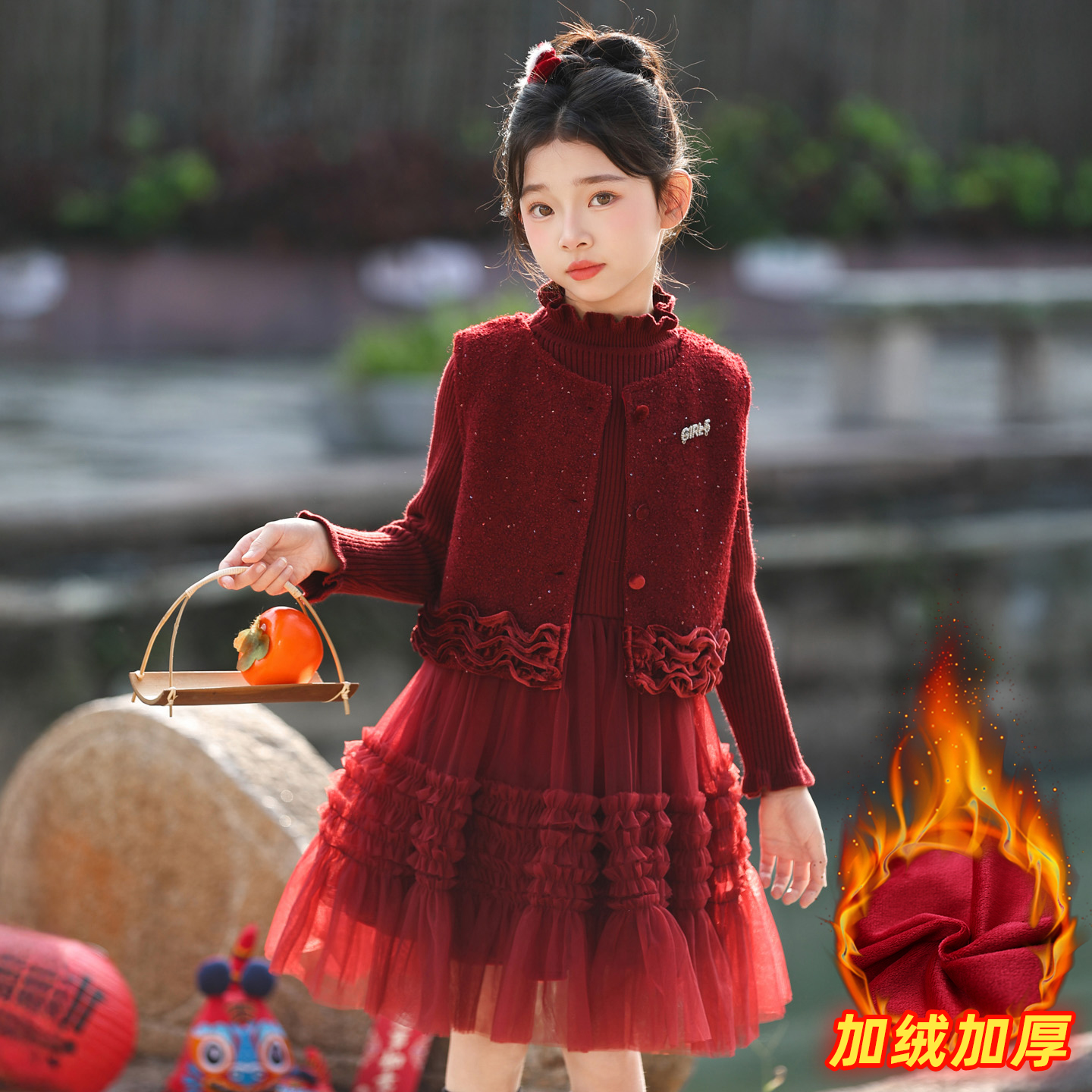 女童连衣裙拜年服2025年新款秋冬装中大童韩版小香风纱裙年服套装