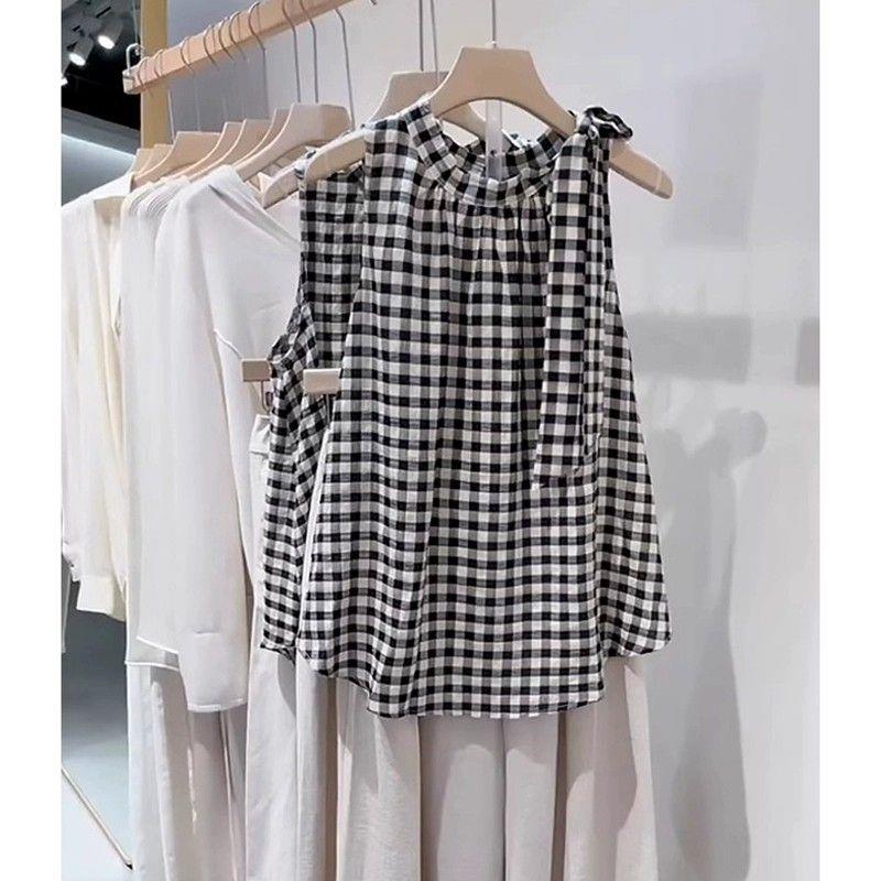 夏季减龄穿搭休闲百搭黑白格子上衣无袖系带衬衫女装2025新款吊带