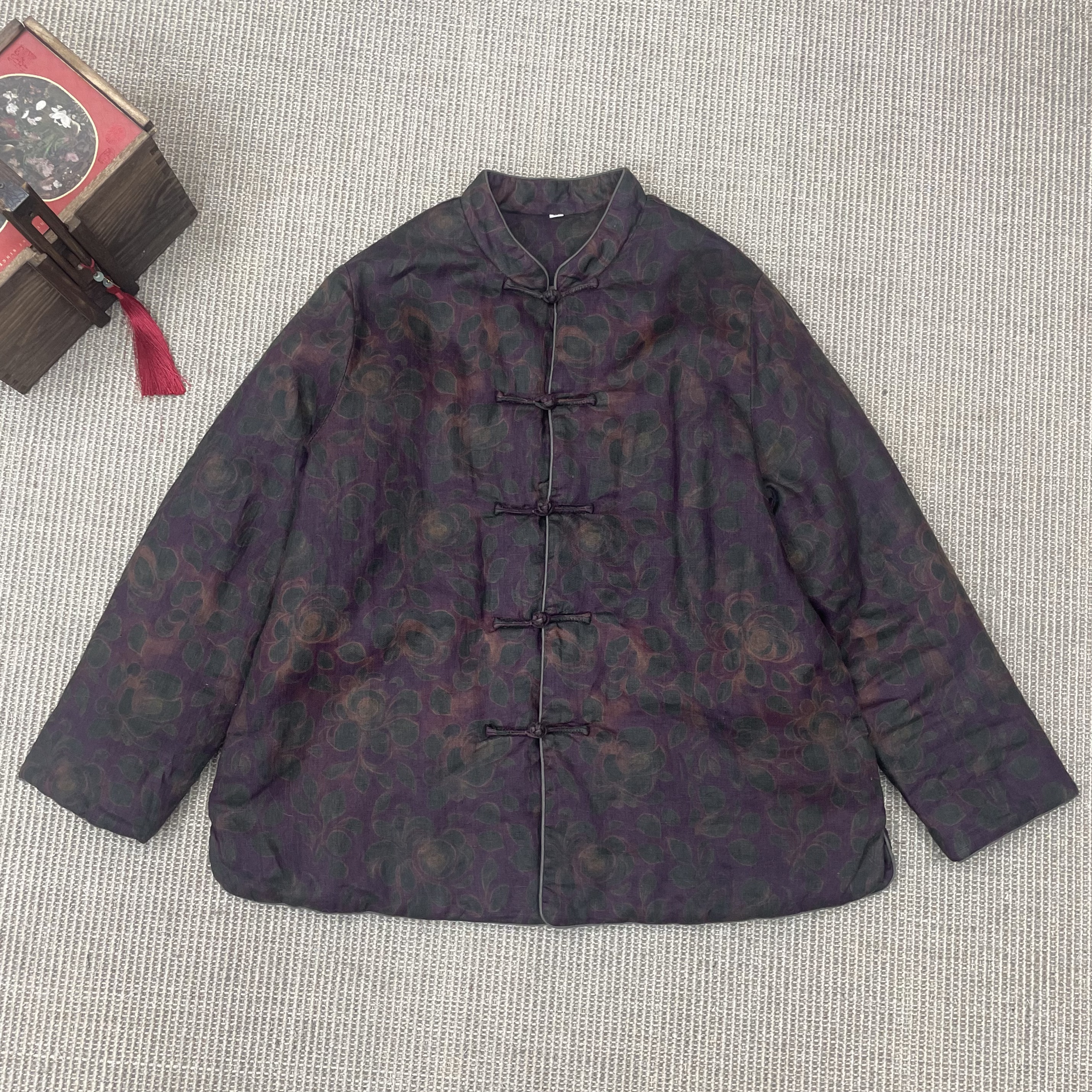 【麻布情结】香云亚麻对开襟棉服  手工盘扣棉衣 