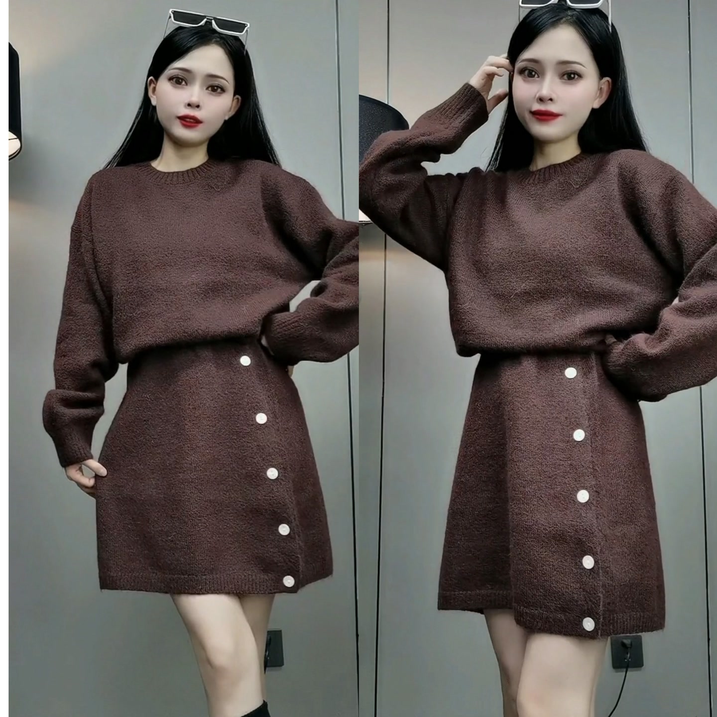 韩国chic秋季法式慵懒风软糯长袖针织毛衣女+高腰单排扣包臀短裙