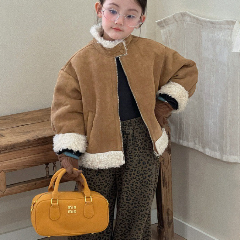 童外套2025冬季新款女童韩系鹿皮绒皮毛一体立领短款慵懒风机车服