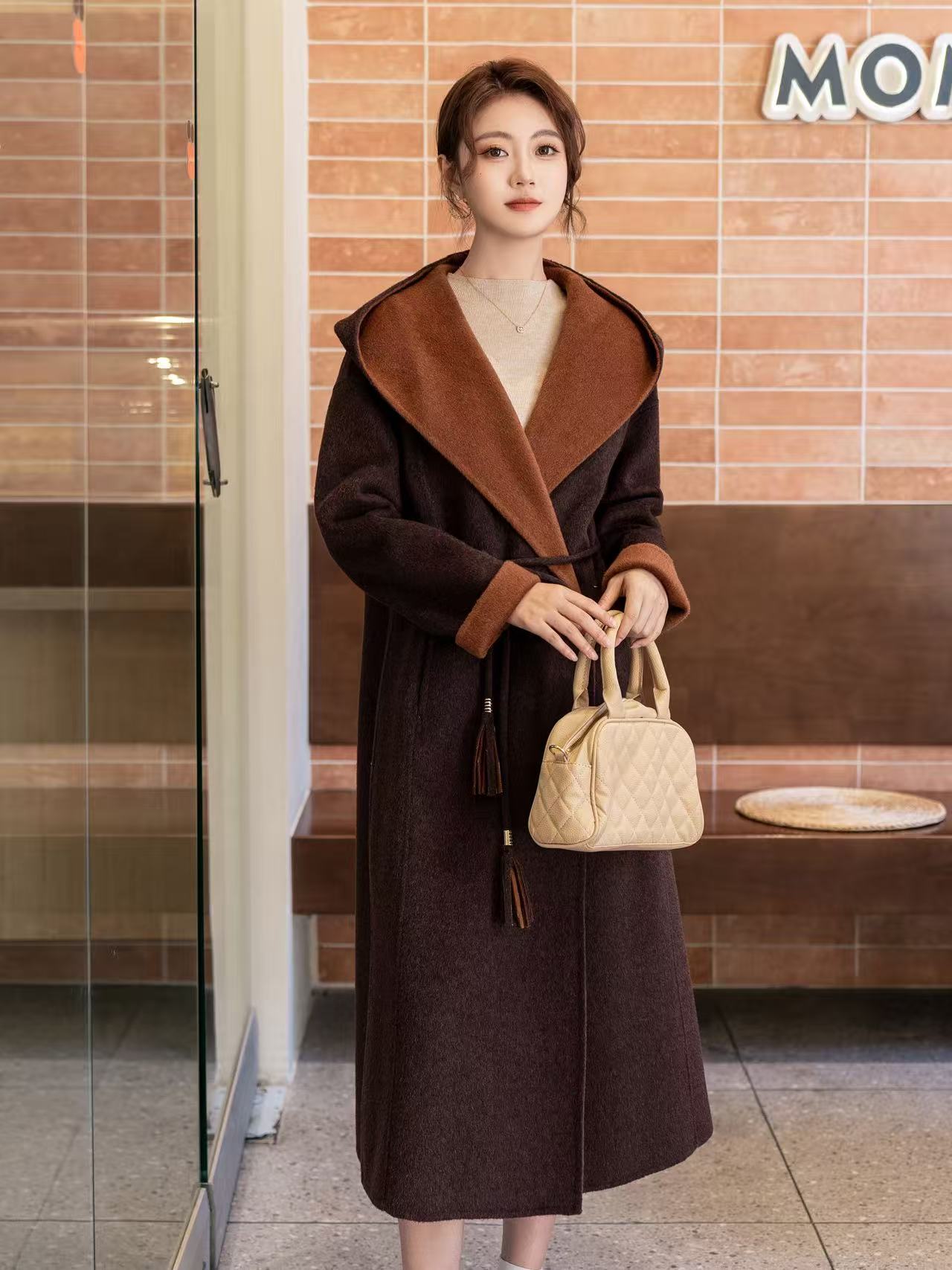 【顺丰包邮】2025戴帽新款双色韩系宽松双面羊绒大衣女百搭时尚秋冬