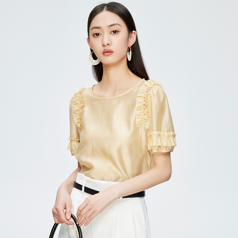 【籽言专属】圆领短袖衬衫女高级感缎面时尚休闲上衣152S1250