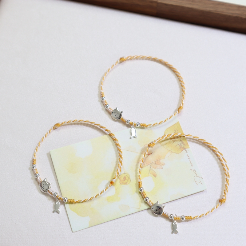 925银布艺手链 国风橘色猫和小鱼黄色彩色可爱小众闺蜜情侣手绳