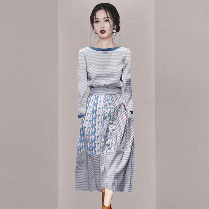2025年春条纹印花套装裙轻熟风法式小众洋气时尚休闲两件套女