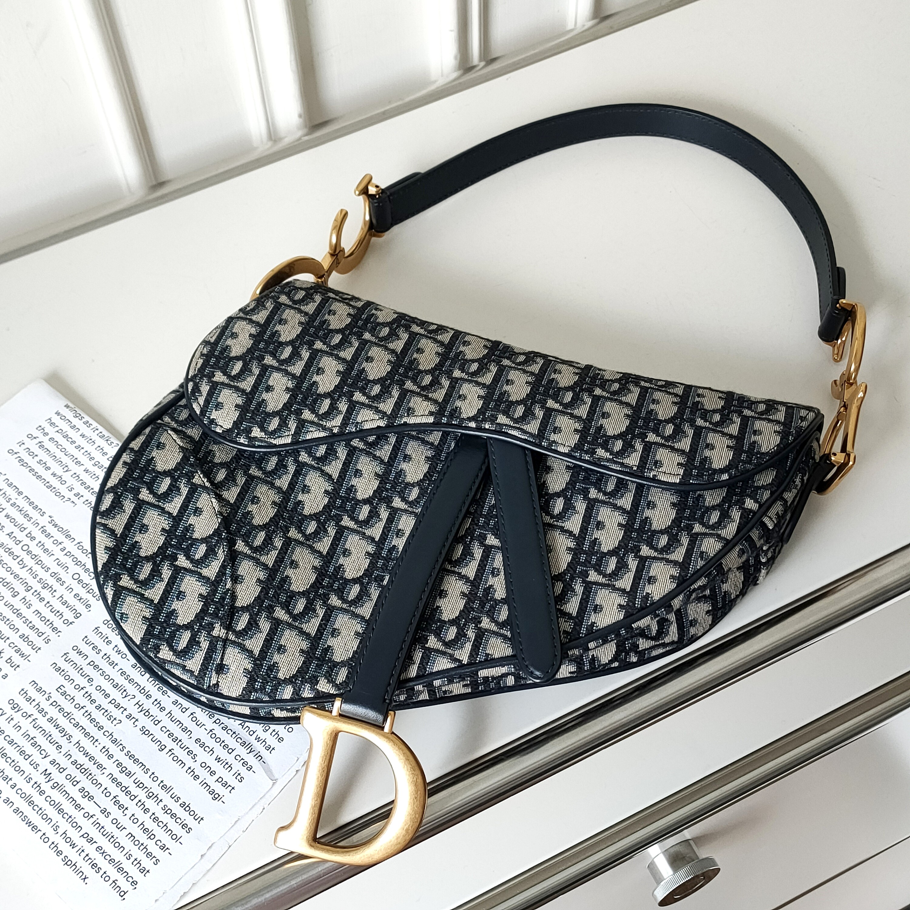 95新 DIOR/迪奥 Azul - 蓝色布面老花马鞍中号手提腋下包 49764