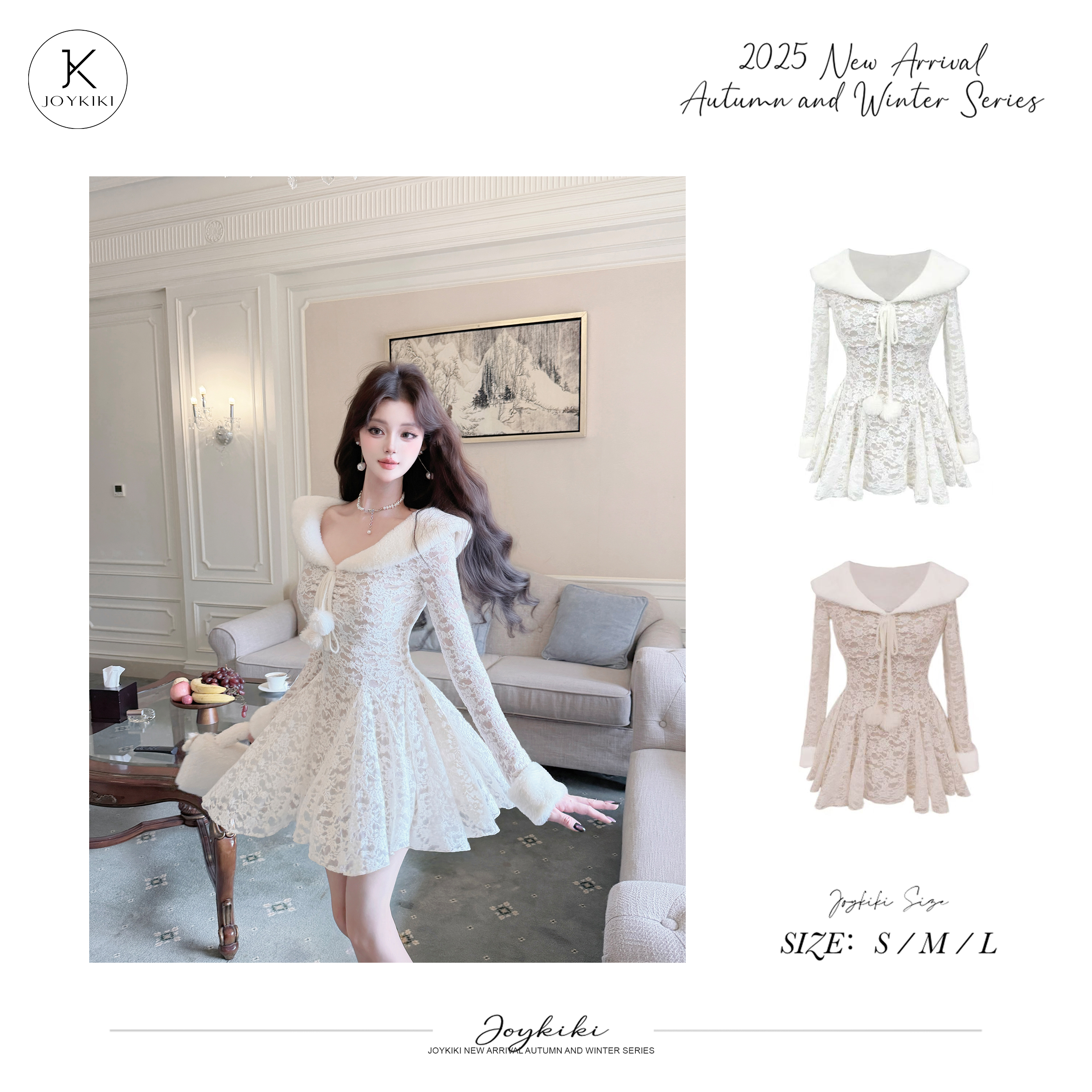 JOYKIKI金金【月光芭蕾】气质纯欲拼接蕾丝翻领设计连衣裙J25D221