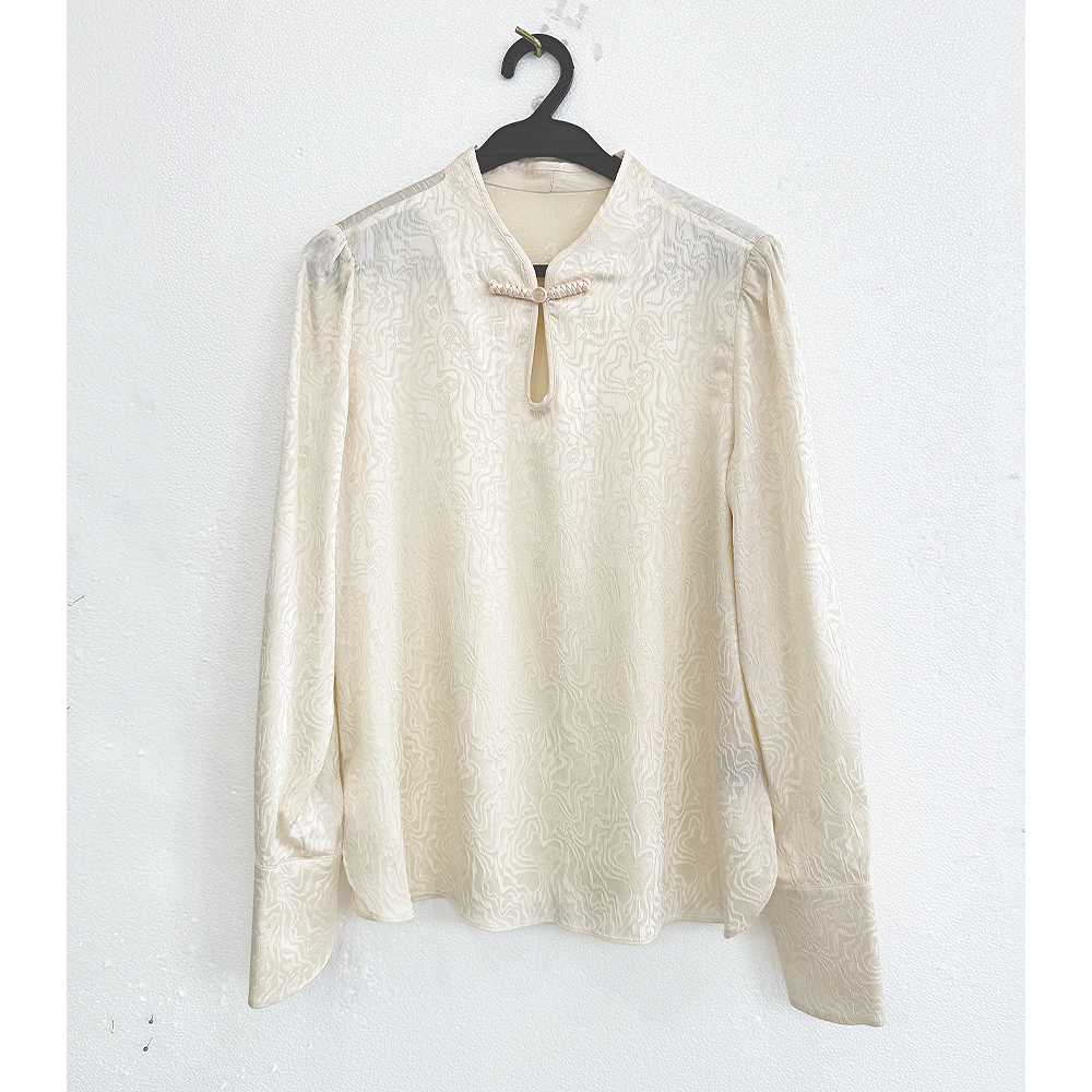 重磅真丝冠乐绉简约镂空V领长袖桑蚕丝衬衫上衣ZKD17