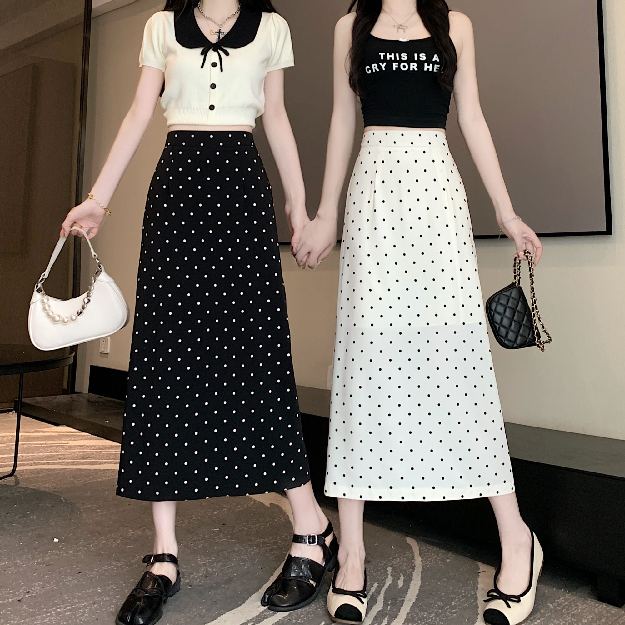 直筒波点半身裙女2025夏季新款高腰显瘦气质开叉中长款A字裙
