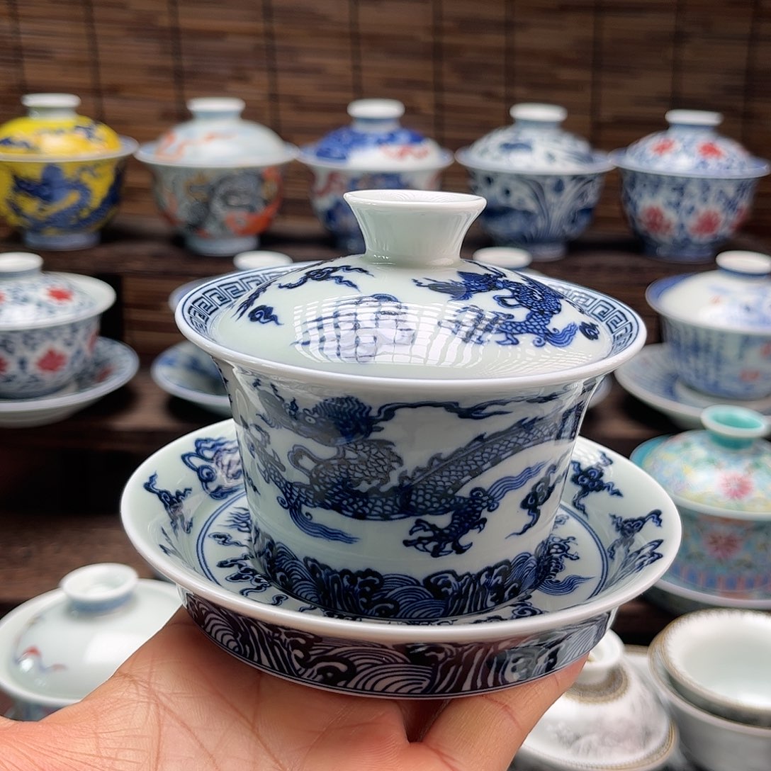 陶摆件景德镇陶瓷三才盖碗