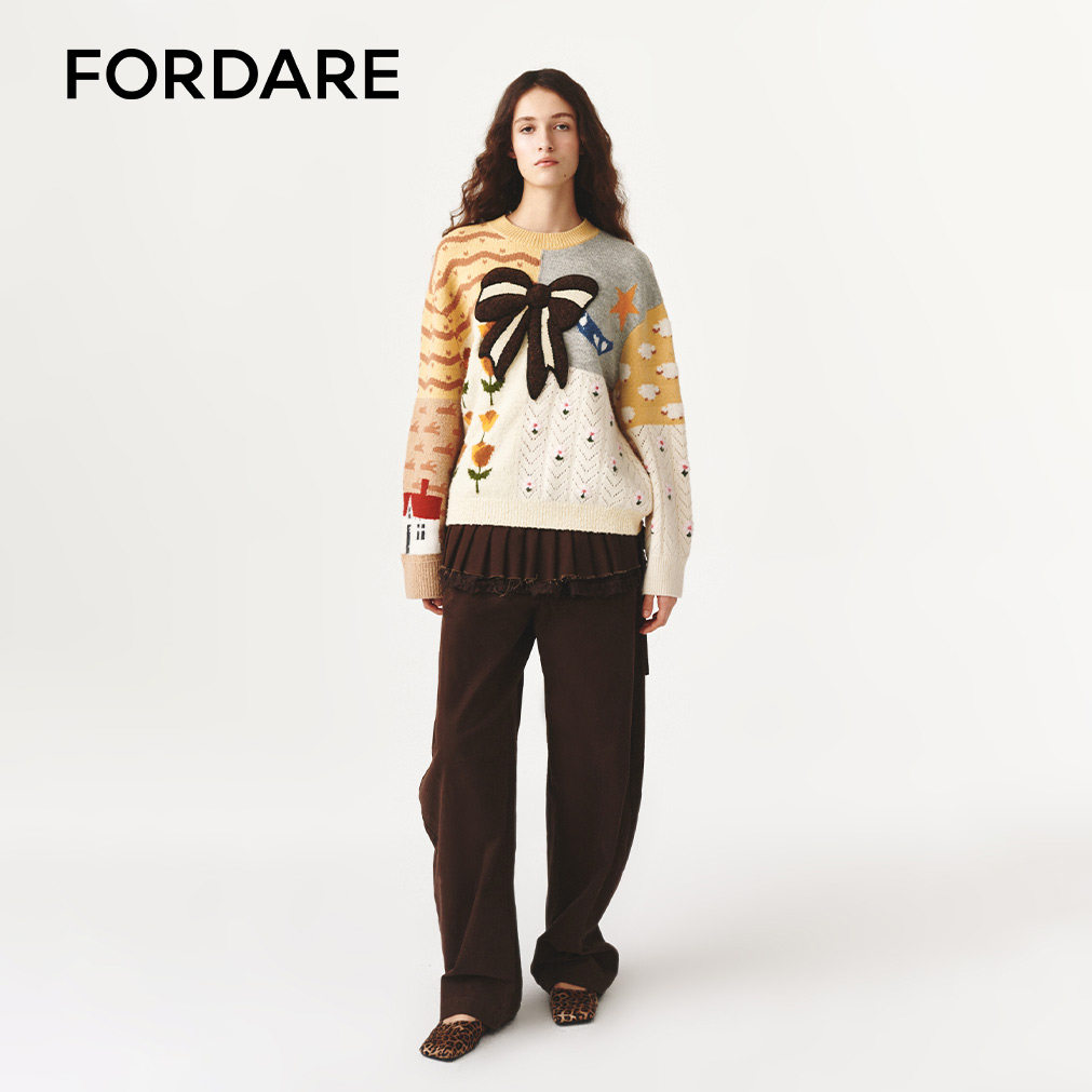 【FORDARE】福蝶新品26春夏撞色拼花蝴蝶结套头衫开衫