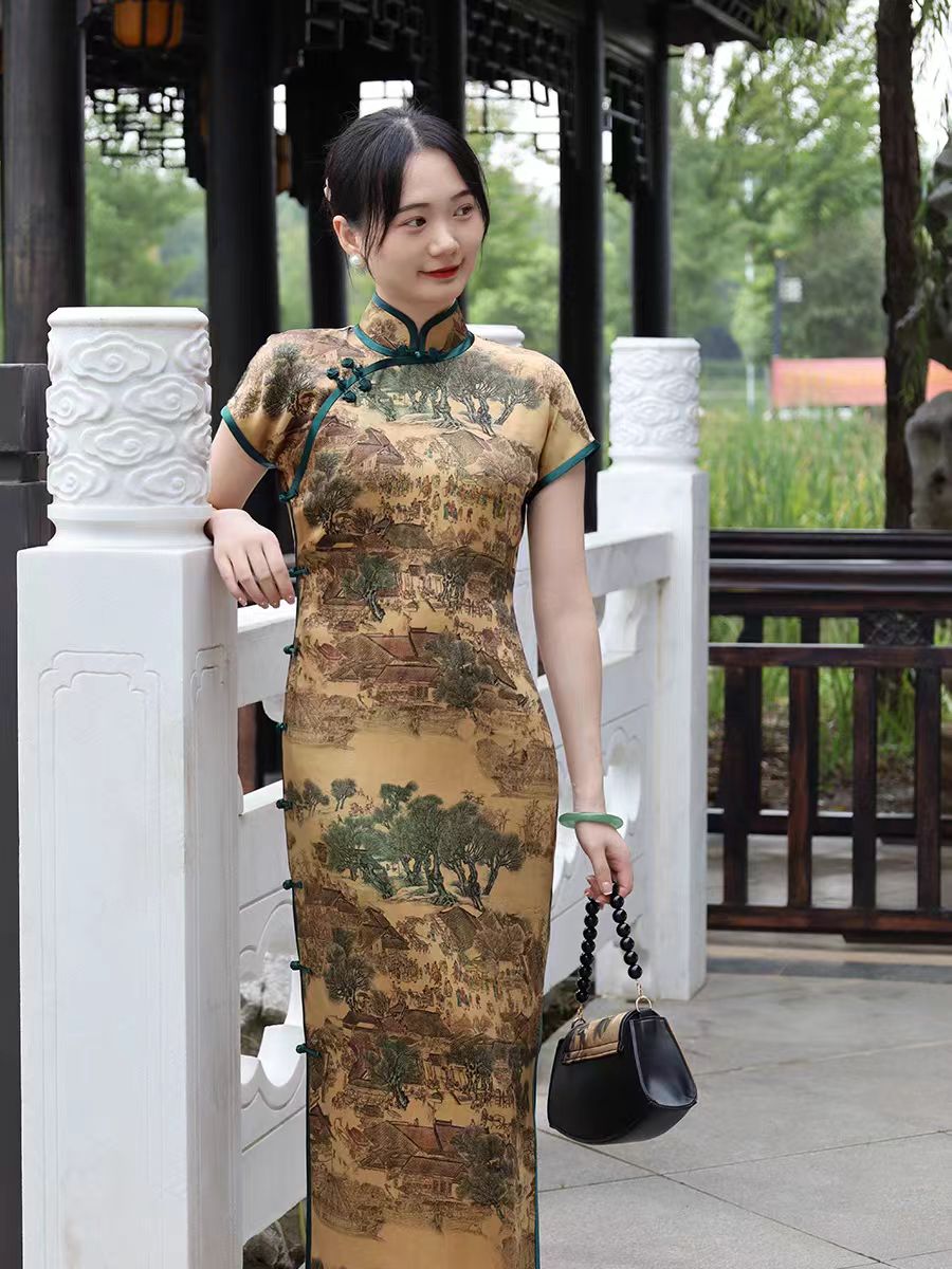 8590-旗袍复古中国风走秀中长款国潮日常可穿改良版连衣裙女夏季