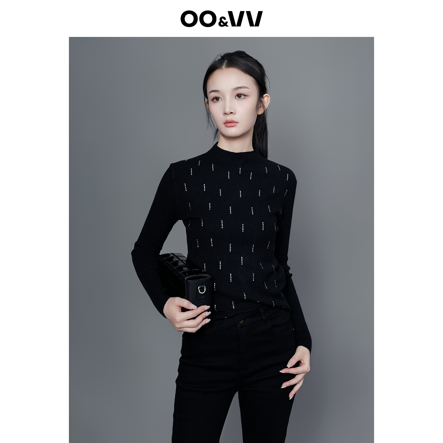OO&VV黑色烫钻半高领针织衫女25秋冬新高级感内搭打底衫套头毛衣