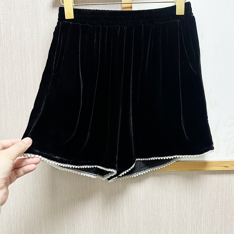 100桑蚕丝丝绒短裤女宽松法式钉珠休闲阔腿气质真丝裤子