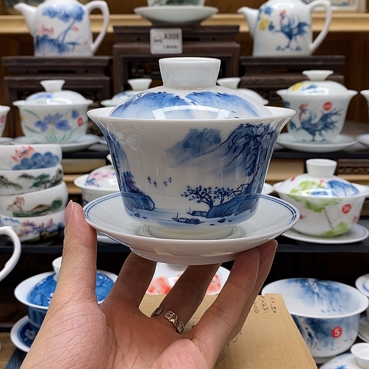 手绘烟雨江南盖碗260cc釉下彩微瑕福利款