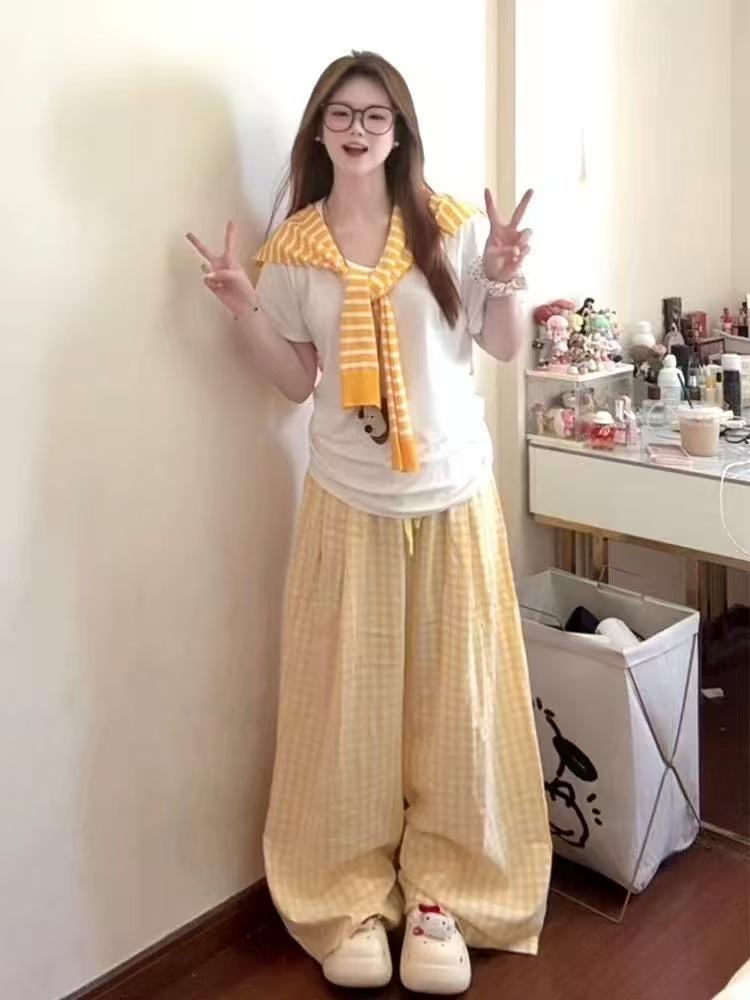 【YY】大码女装爆款三件套格纹高腰阔腿裤格子微弹力加宽加大女装