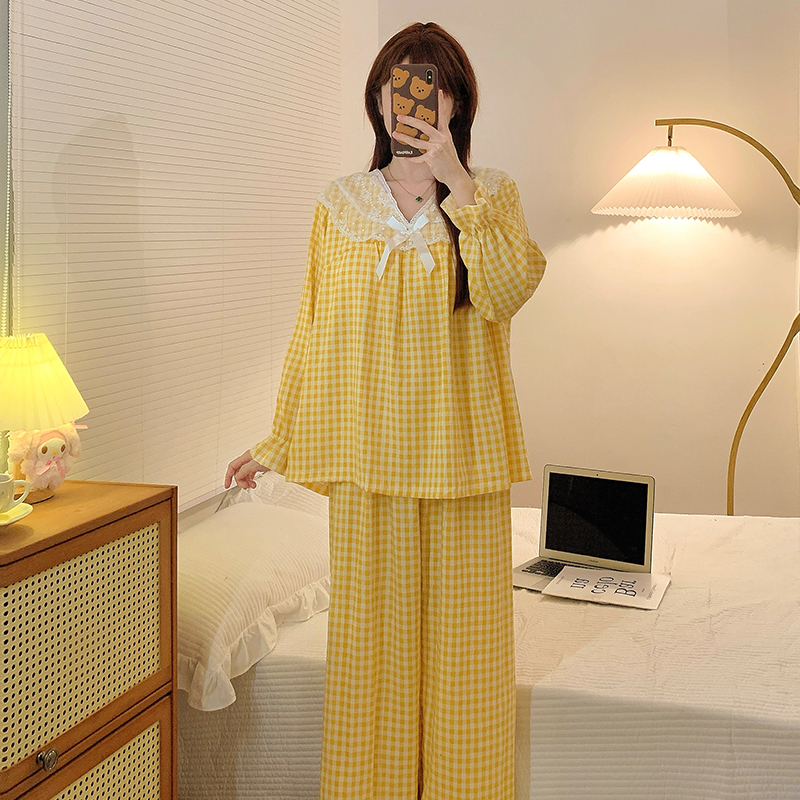 炸姐带胸垫睡衣女秋季2025新款V领黄格大码套装休闲可外穿家居服