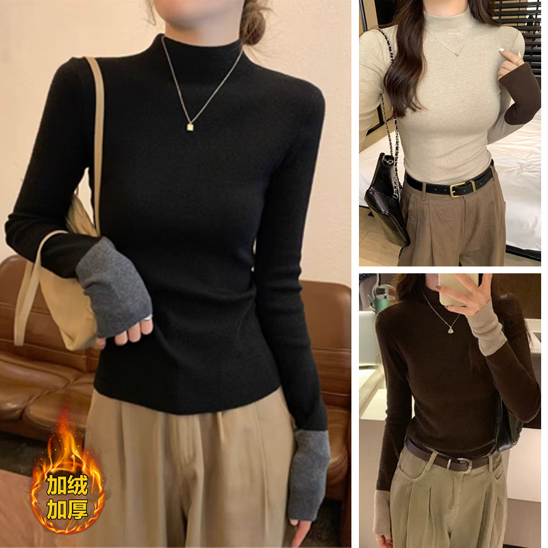 冬季半高领拼接假两件打底衫2025加绒上衣女显瘦设计感内搭7132