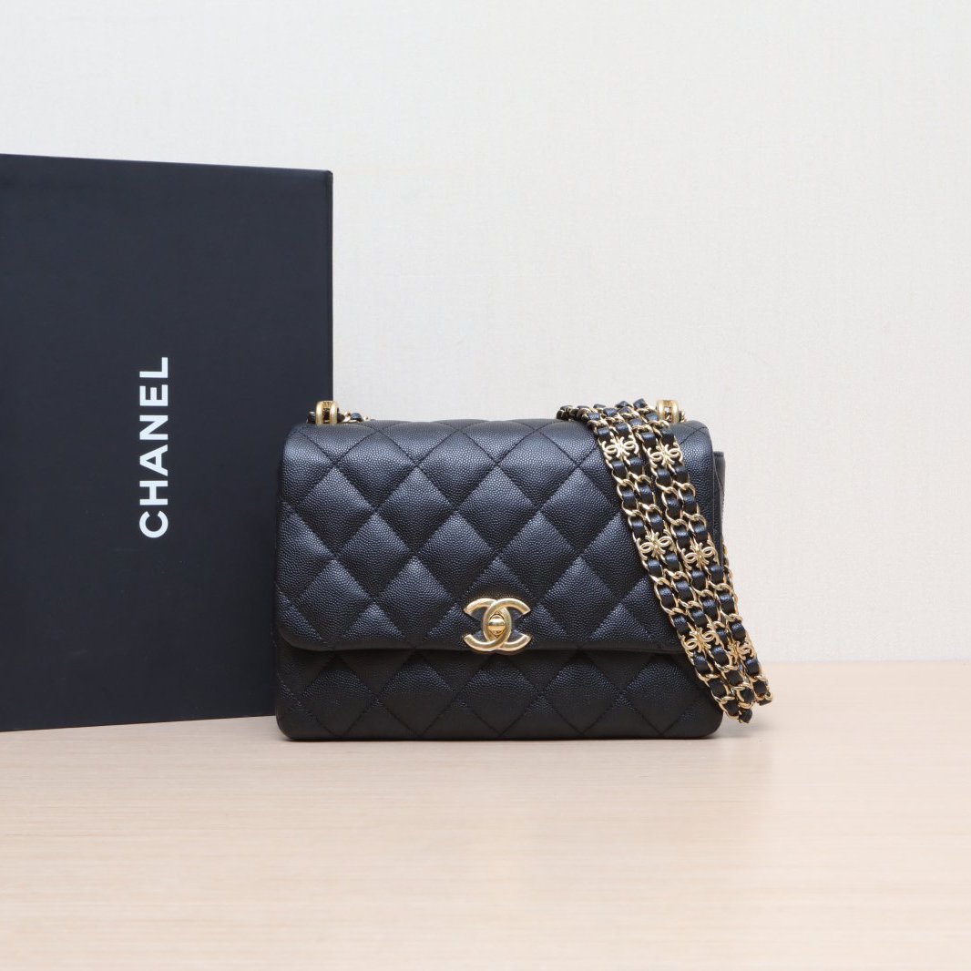 99新 Chanel/香奈儿 【小花Han】22K 口盖包 黑色 芯片开 金扣 