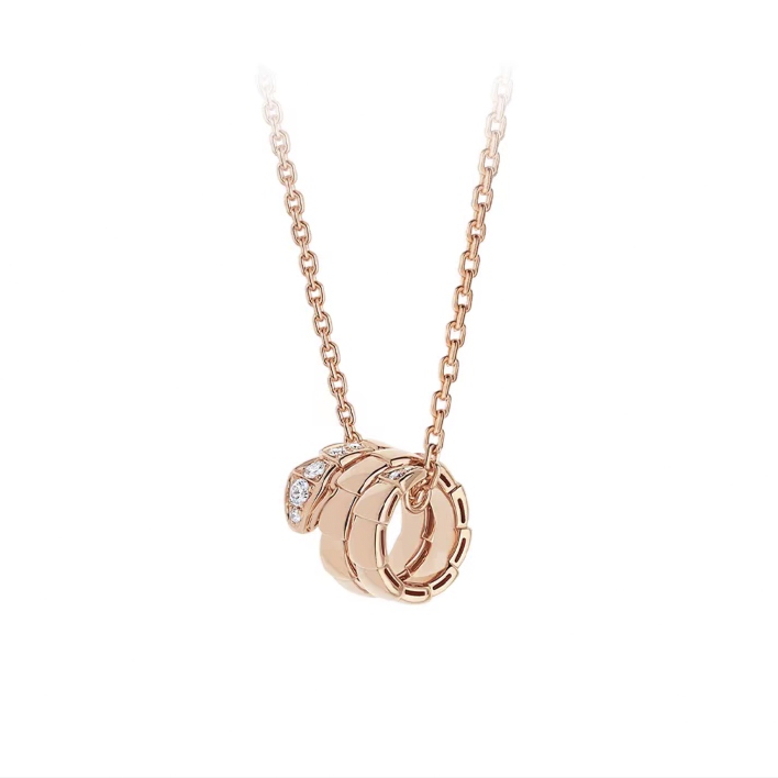 99新 BVLGARI/宝格丽 灵蛇系列 玫瑰金 三环灵蛇头尾钻项链357794