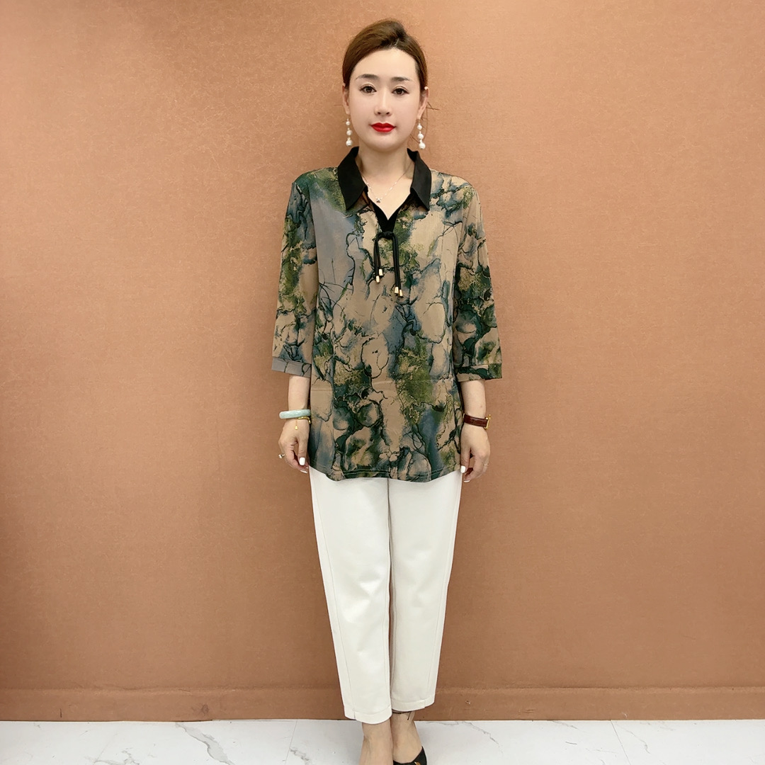时尚翻领大码妈妈装早秋新款气质宽松遮肚子显瘦七分袖中老年女装