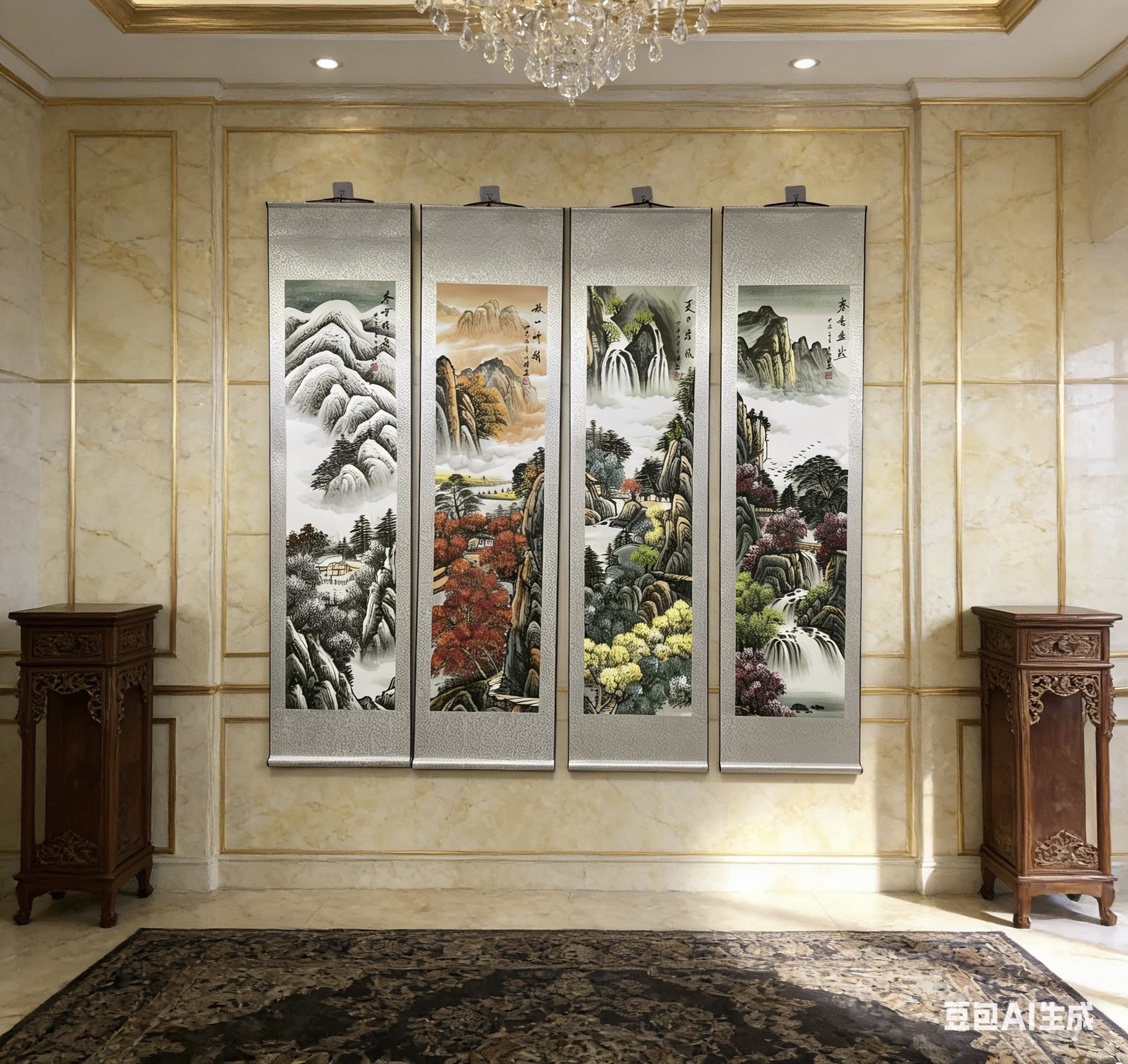 李川浦170*40【春夏秋冬】竖幅山水四条屏