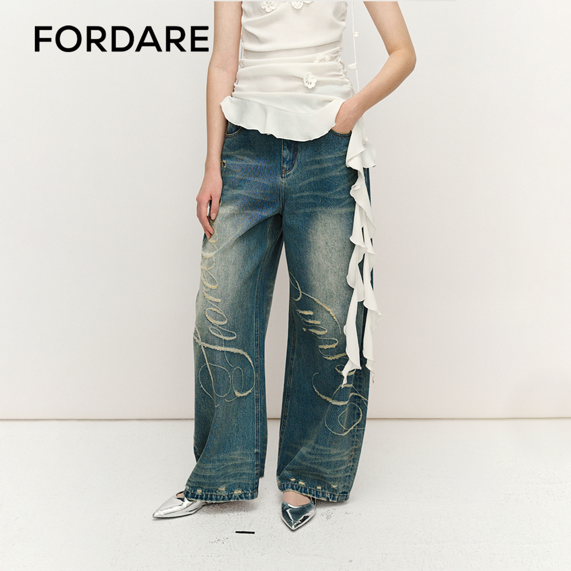 FORDARE福蝶 25春季新品 复古花体LOGO破洞牛仔裤阔腿美式3350