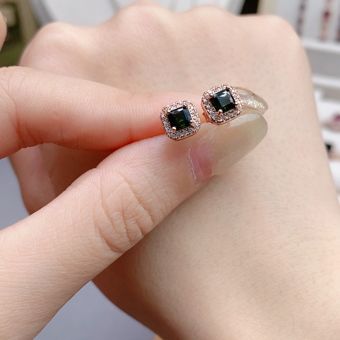 碧玺耳钉银S925镶嵌耳钉