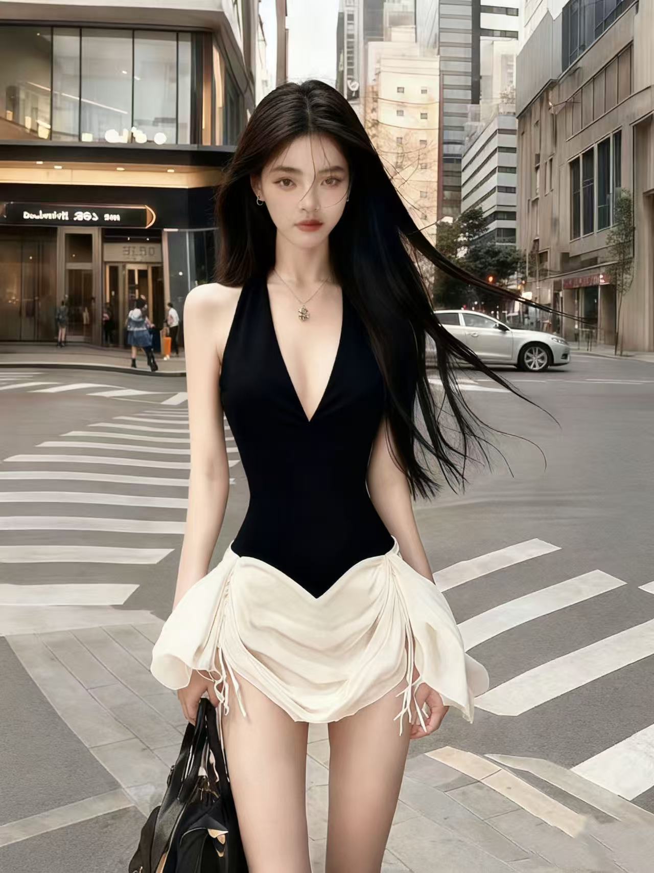 新款时尚纯欲小众气质名媛黑色V领无袖修身收腰设计感显瘦连衣裙