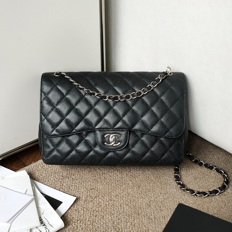 95新 Chanel/香奈儿 Azul-黑银荔枝皮cf jumbo双盖单肩包/53986