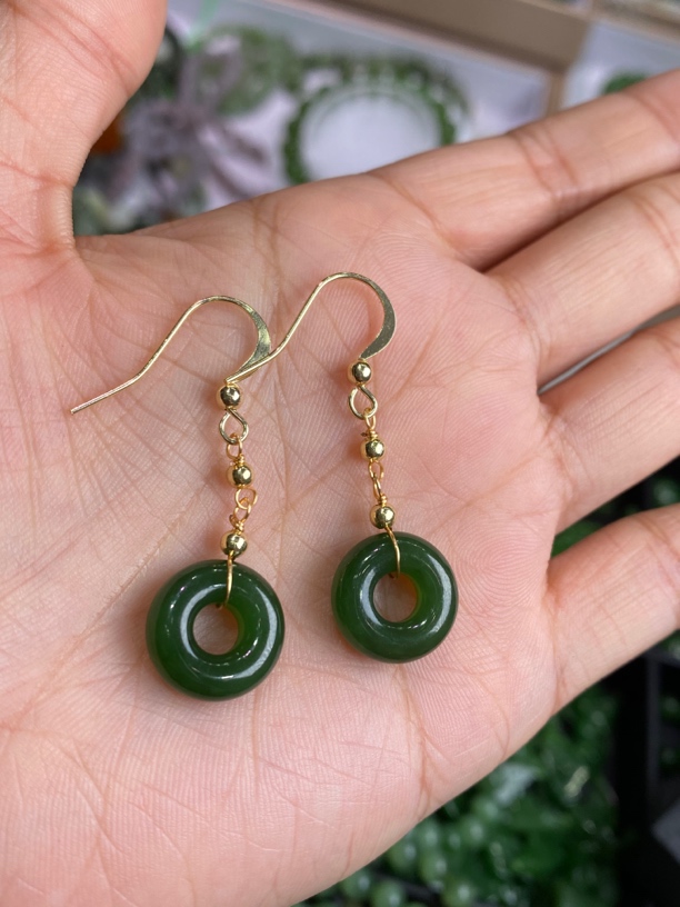 天然碧玉甜甜圈耳坠 约14毫米 