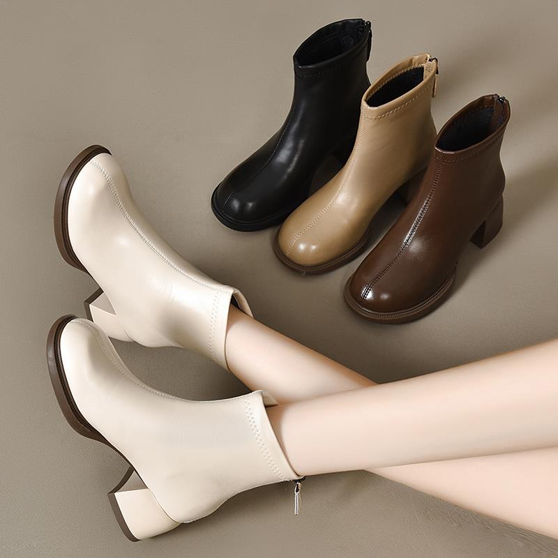 小短靴女圆头软皮瘦瘦靴2024新款秋冬羊皮马丁秋季圆头瘦瘦靴