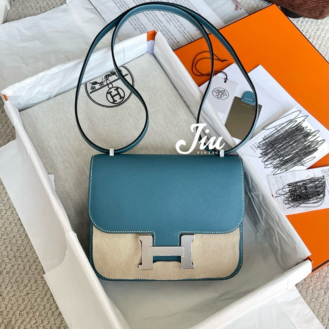 99新 Hermes/爱马仕 新牛仔蓝银扣康康mini e皮w刻全新BJM2-7420