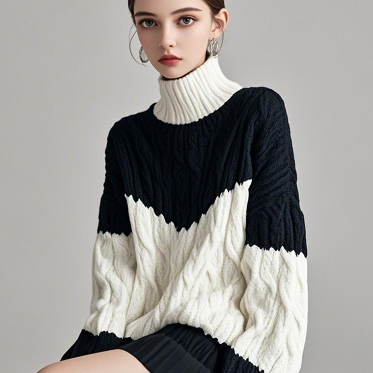 APS19822黑白撞色高领麻花超级好看的针织衫洋气女士重工毛衣秋冬