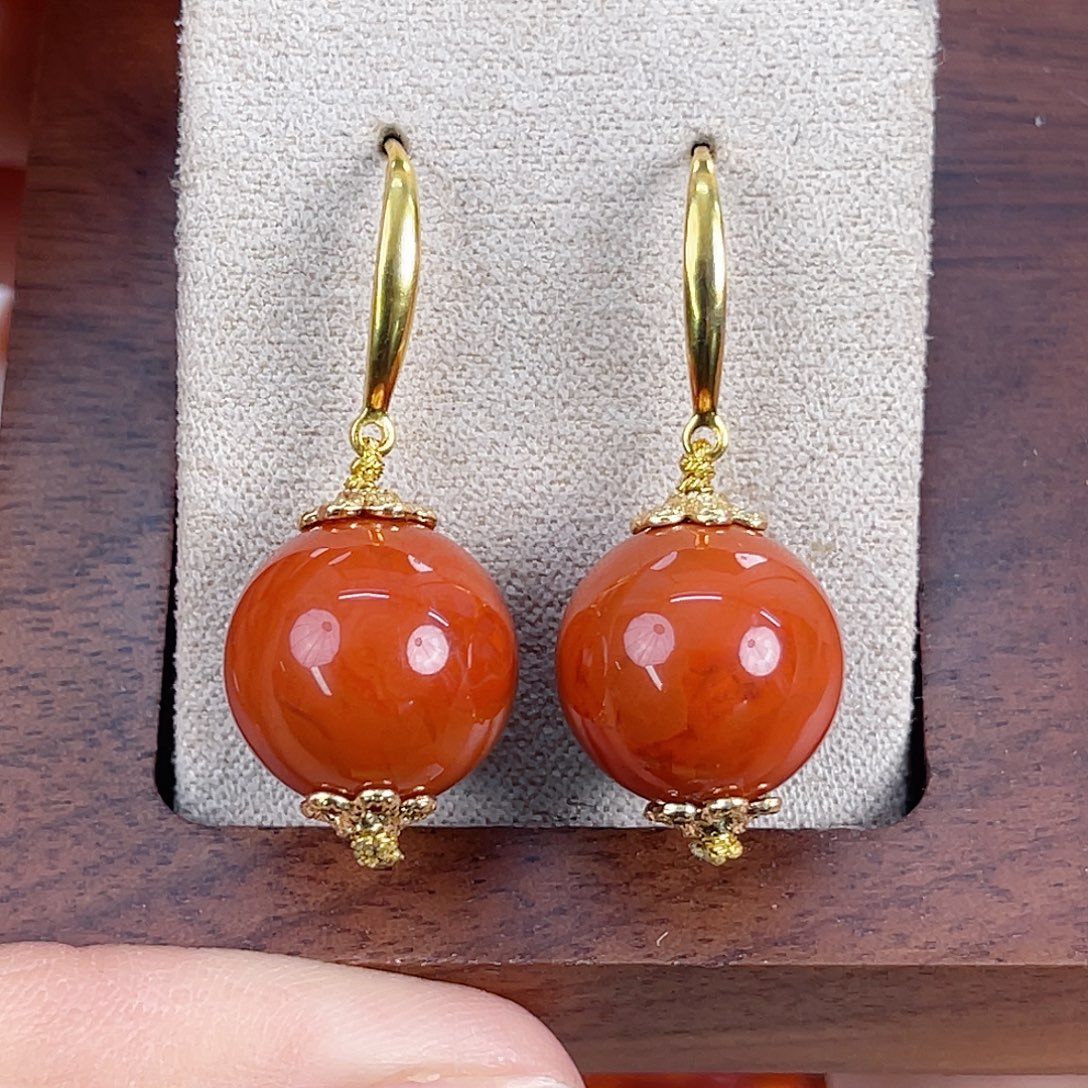 南红玛瑙银S925镶嵌瓦西柿子红火焰耳勾13mm